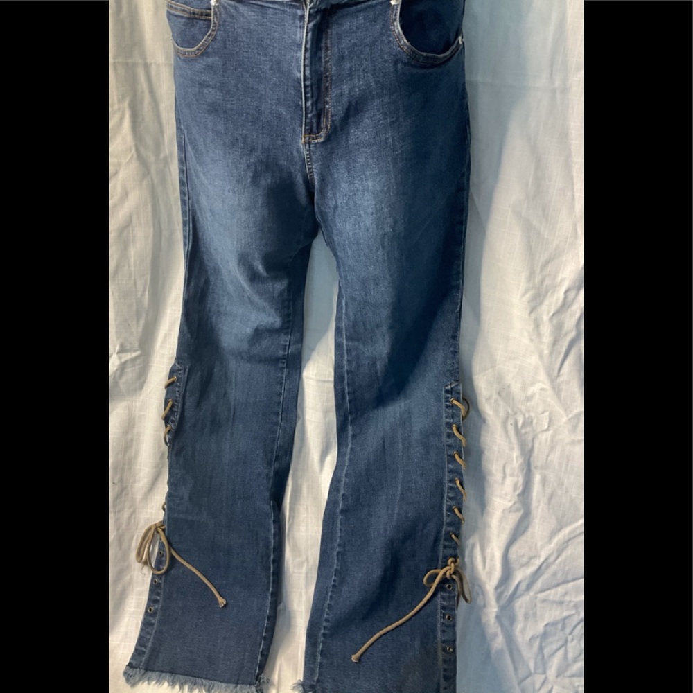 Vintage Jeans with bottom side tie leather criscross w/ raw seams
